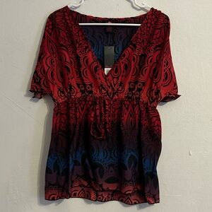 NWT M Dark Floral Short Sleeve V Neck Shirt AbstractPink Purple Blue Ultra Flirt